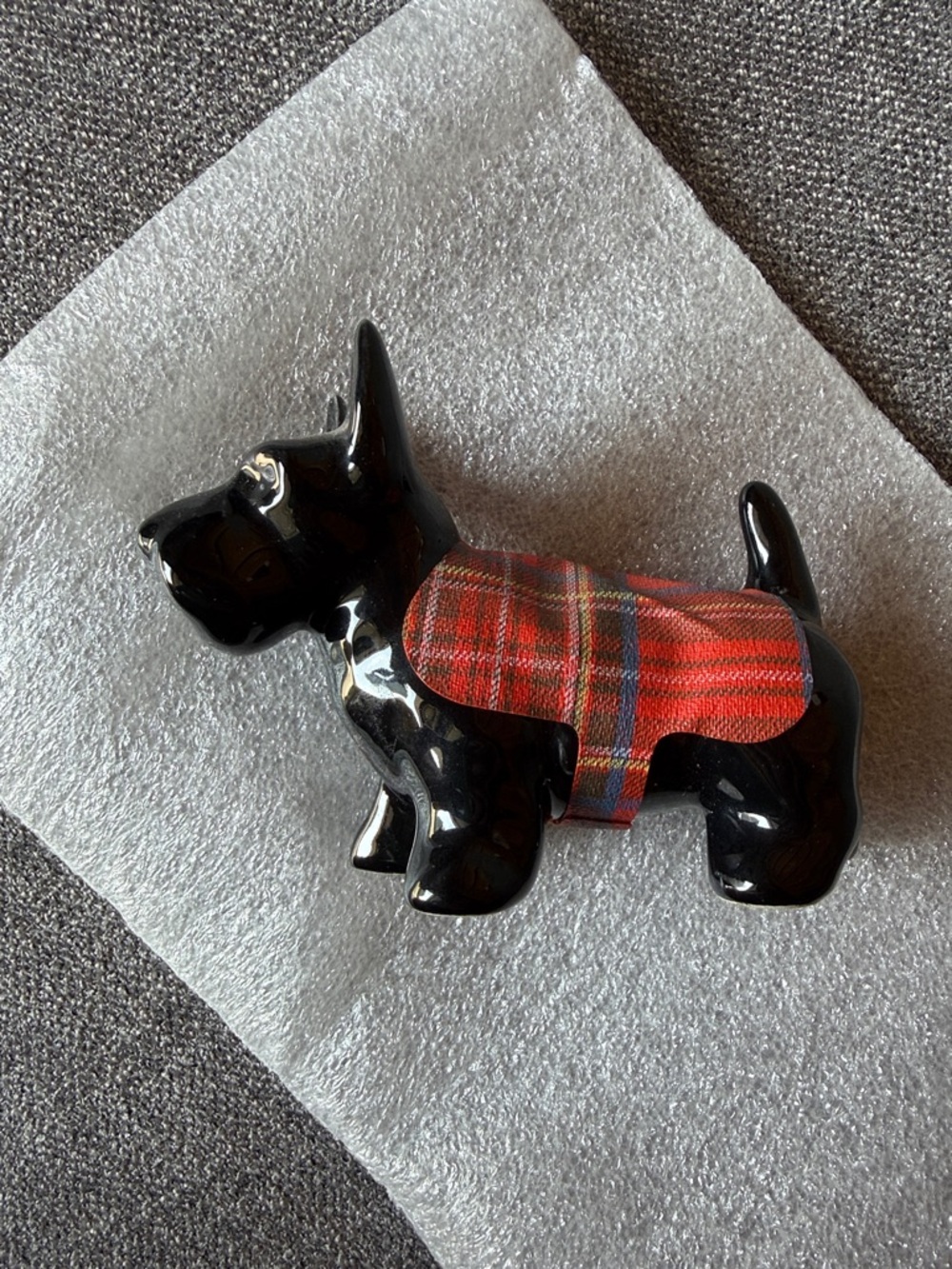 Black Scottie Dog Figurine with Red Tartan Coat - Decorative Accessory
